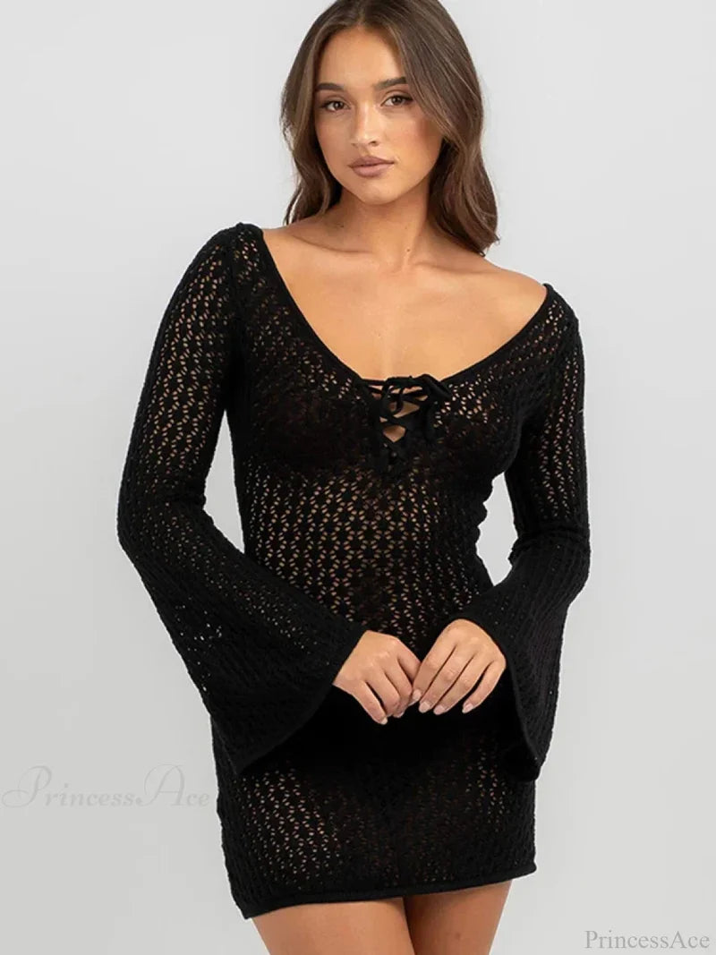 Solid Lace Up Bikini Cover Up Black / S