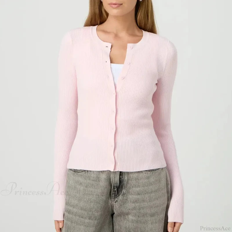 Solid Ribbed Button Up Slim Knit Cardigan Pink / S cardiagn-250126