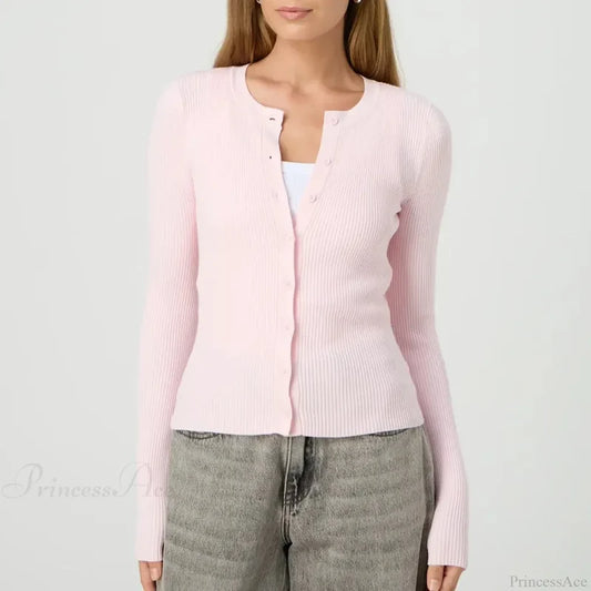 Solid Ribbed Button Up Slim Knit Cardigan Pink / S cardiagn-250126