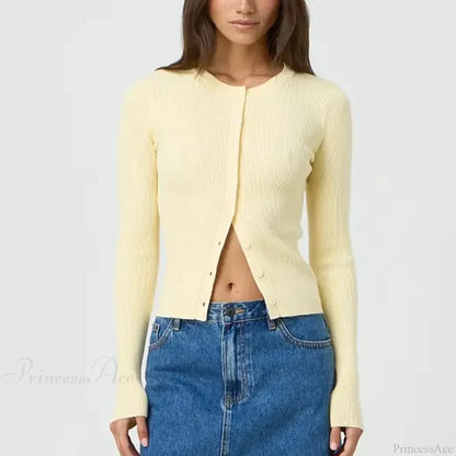 Solid Ribbed Button Up Slim Knit Cardigan Yellow / S cardiagn-250126