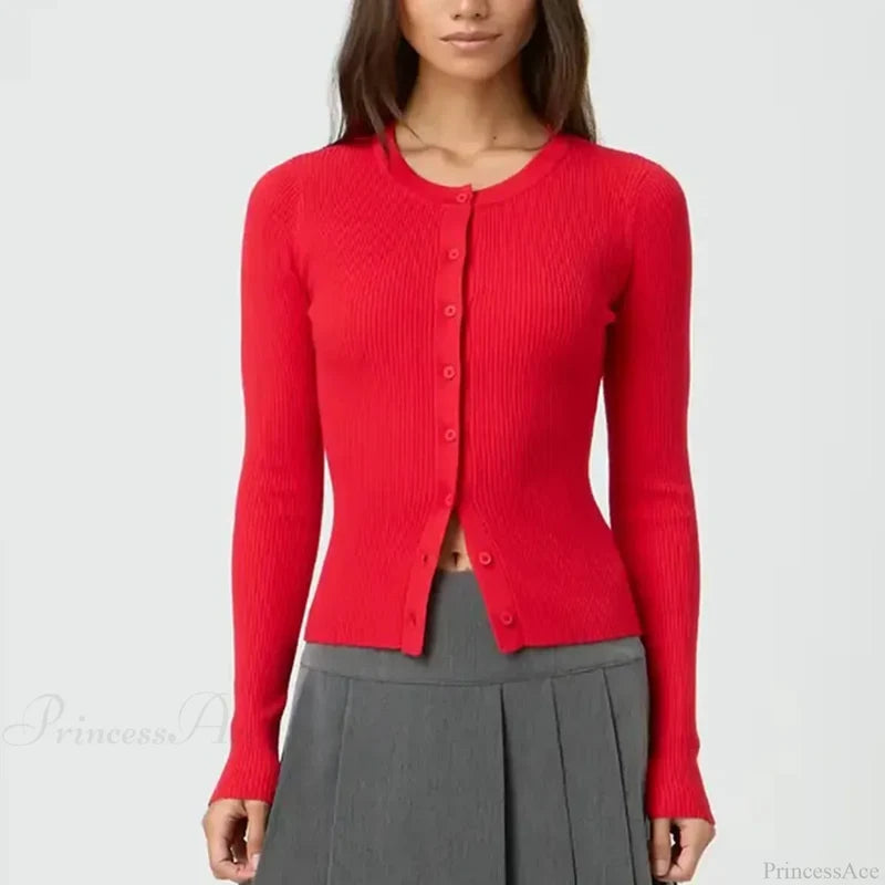 Solid Ribbed Button Up Slim Knit Cardigan Red / S cardiagn-250126