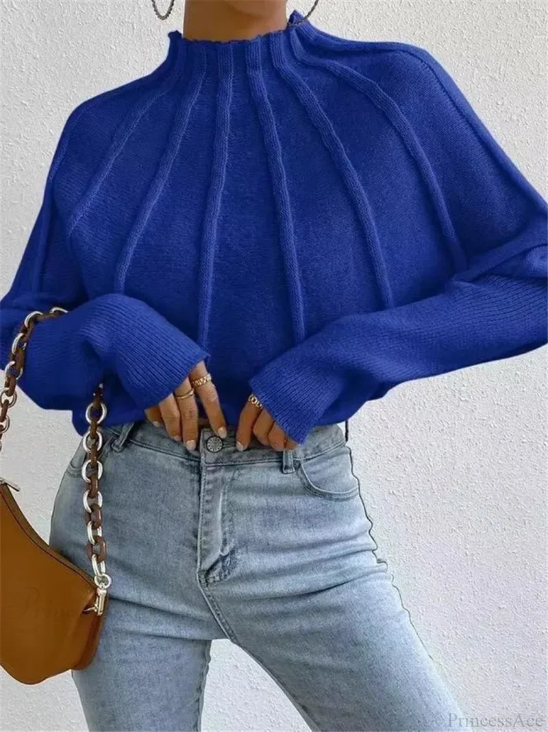 Solid Round Neck Batball Sleeve Loose Sweater blue / S