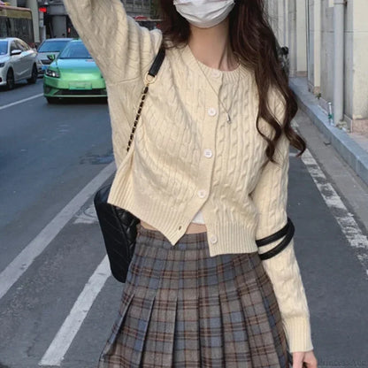 Solid Round Neck Single Breasted 2000s Style Knit Cardigan white / One Size cardiagn-250126