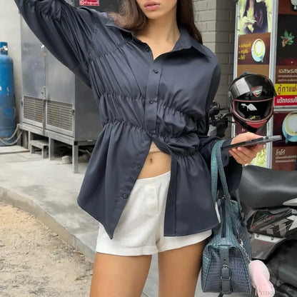 Solid Scrunched Collar Blouse Navy Blue / S blouse-250223
