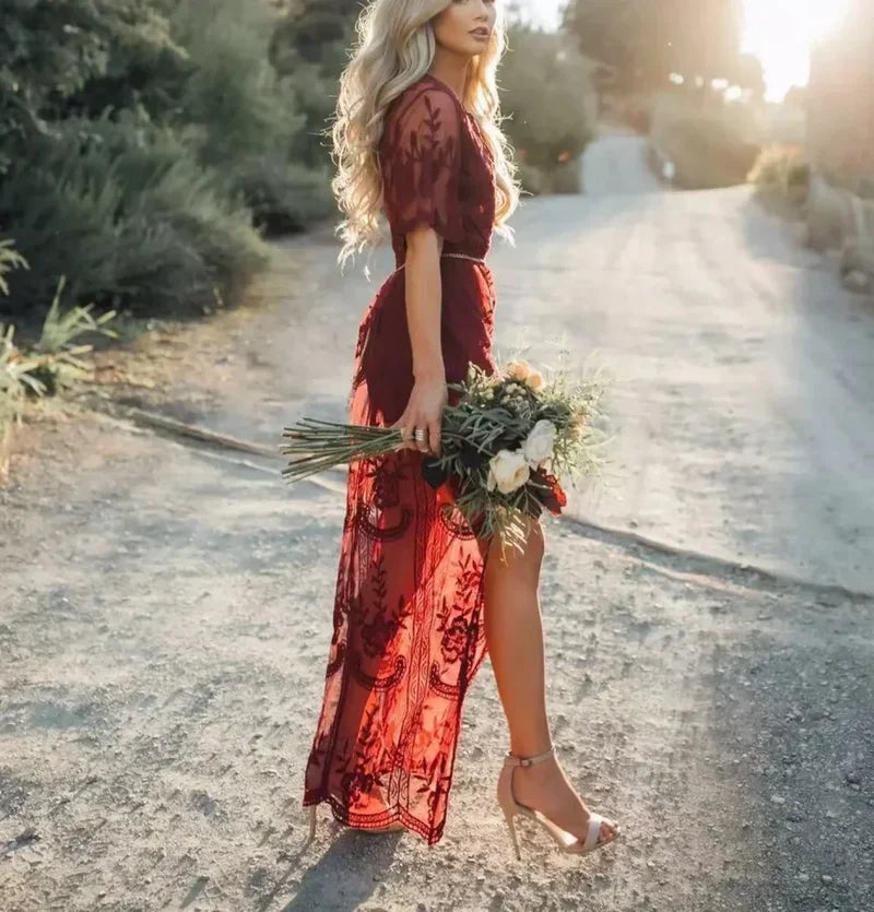 Solid Short Sleeve Lace V-neck Loose Maxi Boho Dress claret / One Size bohodress-250126