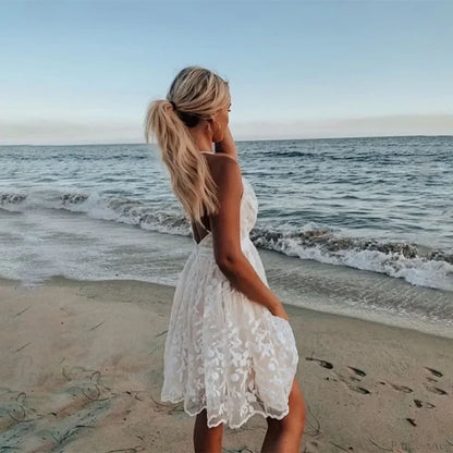Solid Sleeveless Backless Lace Boho Dress bohodress-250126