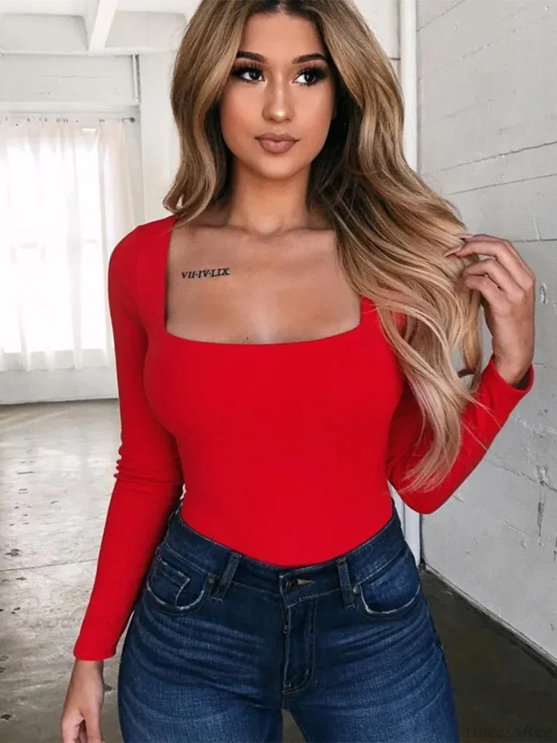 Solid Square Neck Long Sleeve Slim Fit Knit Top Red / S knittop-250126