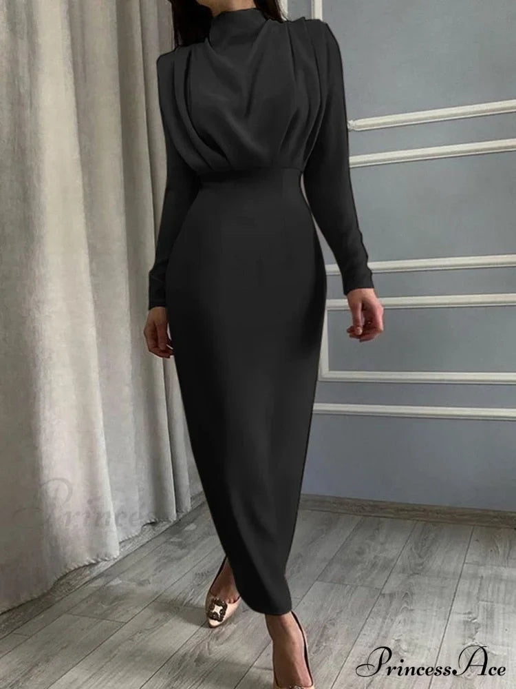 Party Solid Stand Neckline Blue Waist Long Women’s Autumn Slim Elegant Arm Ankle Length Dress