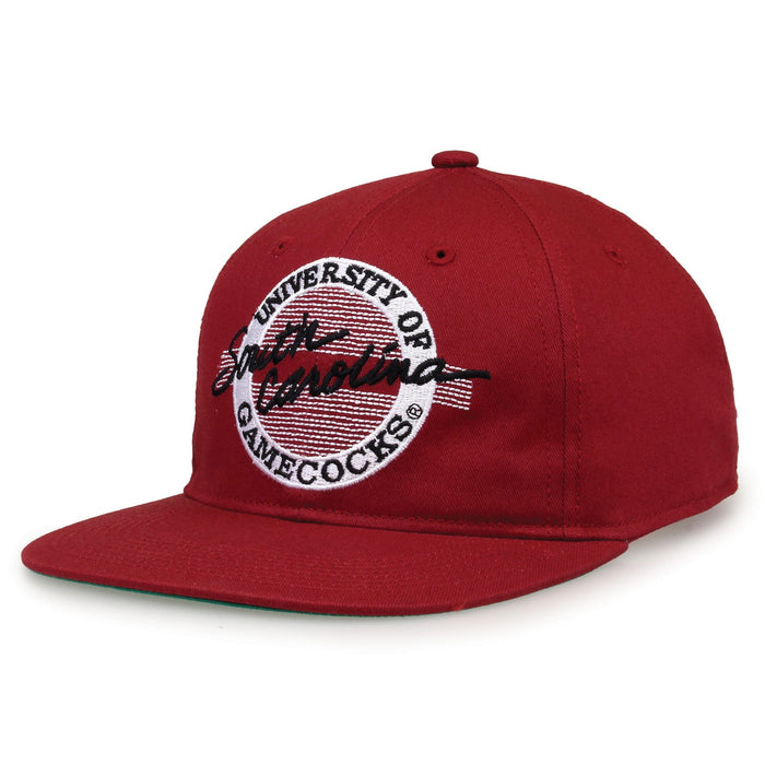 South Carolina Retro Circle snapback hat in red, angled view