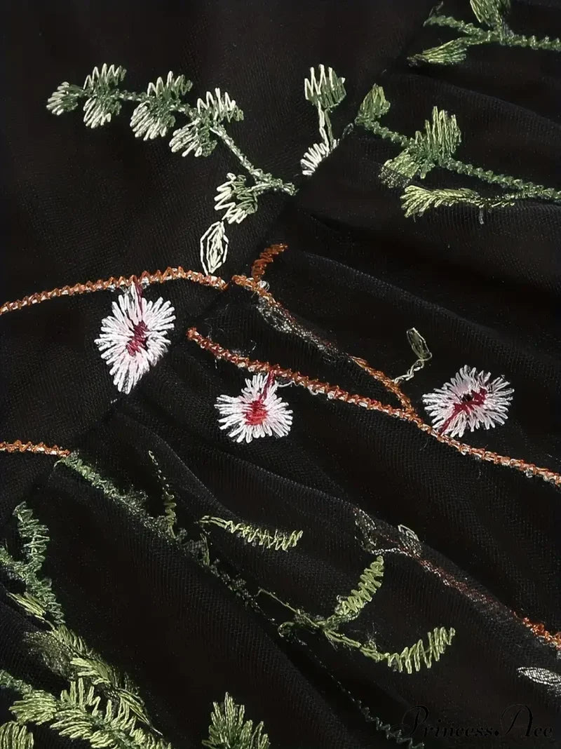 Party Mesh Flowered A Embroidery For Gown Line Summer S / Black Black Floral Maxi Dress