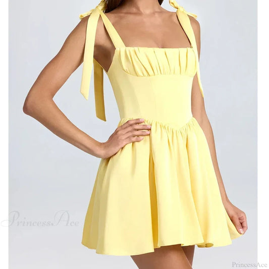 Spaghetti Strap Lace-Up Mini Dress Yellow / S minidress-250223