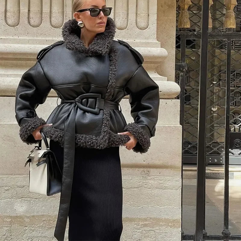 Splicing Thicken Warm Leather Coat black Short / S