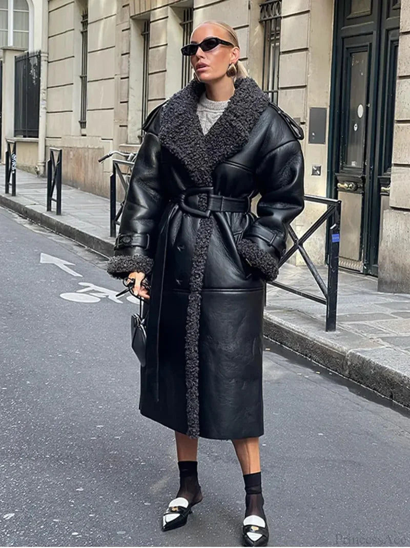 Splicing Thicken Warm Leather Coat black Long / S