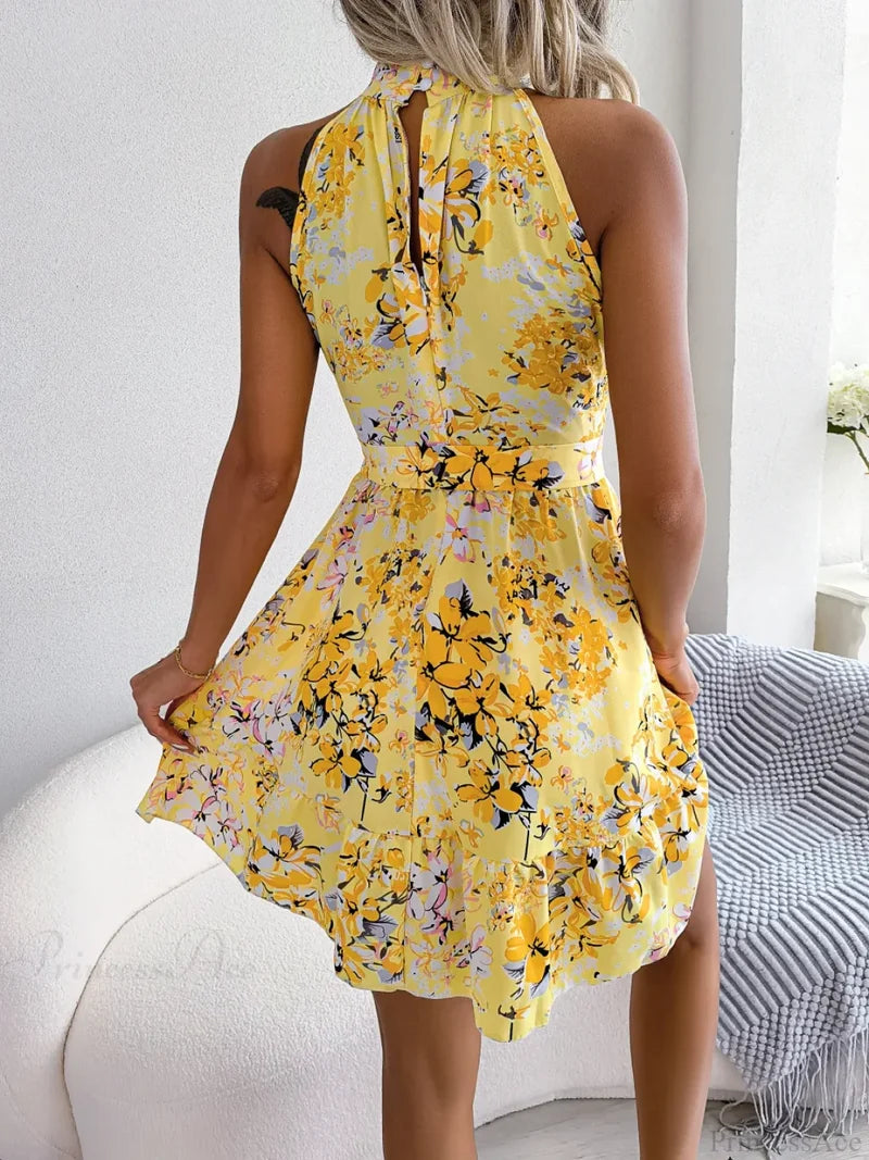 Spring Summer Floral Halter Neck Lace-up A-line Floral Dress floraldress-250126