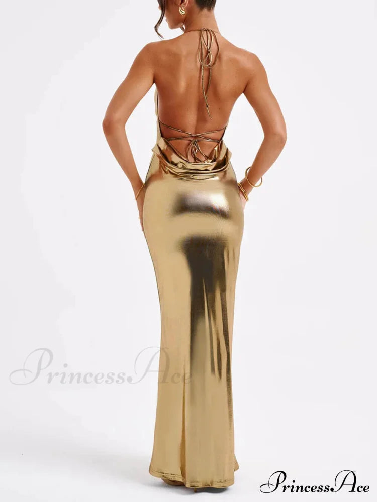 Spring Swing Collar Glossy Graceful Metallic Backless Maxi Dress Dresses