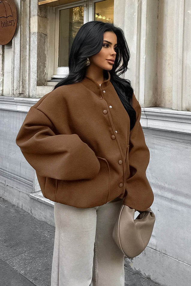 Stand Collar Melange Brown Wool Coat