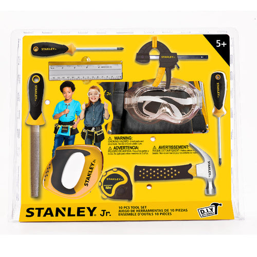 Red Toolbox Stanley Jr. 10 Piece Toolset for ages 5+ includes hammer, screwdriver, saw, tape measure, clamp, file, ruler, safety goggles & tool belt in clear packaging with two children shown.
