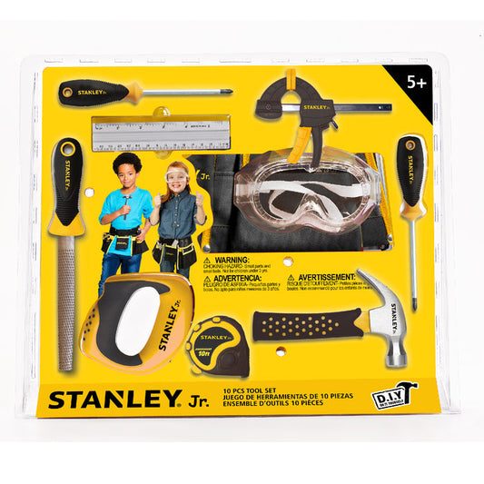 Red Toolbox Stanley Jr. 10 Piece Toolset for ages 5+ includes hammer, screwdriver, saw, tape measure, clamp, file, ruler, safety goggles & tool belt in clear packaging with two children shown.