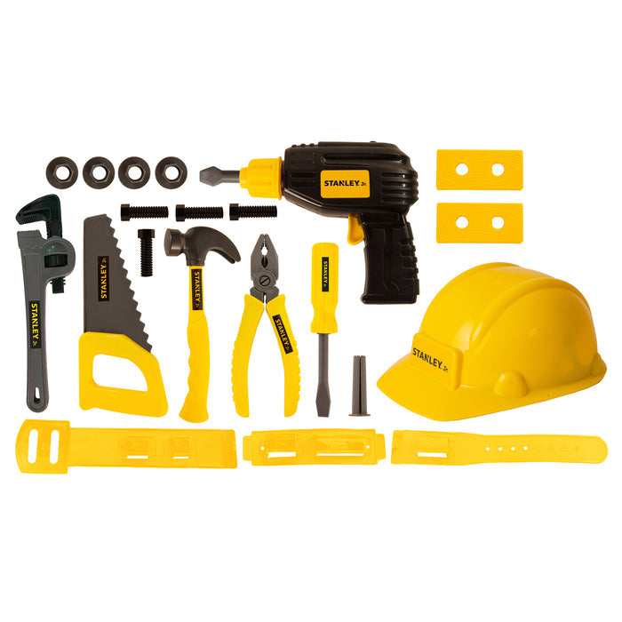 The Stanley Jr. 19 Piece Pretend Play Tool Set by Red Toolbox includes yellow and black kid-sized tools like a helmet, saw, wrench, power drill, and tool belts—ideal for young builders’ imaginative play.