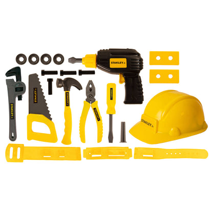 The Stanley Jr. 19 Piece Pretend Play Tool Set by Red Toolbox includes yellow and black kid-sized tools like a helmet, saw, wrench, power drill, and tool belts—ideal for young builders’ imaginative play.