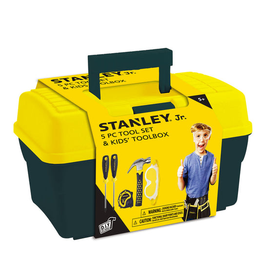 The Stanley Jr. 5 Piece Tool & Toolbox Set by Red Toolbox features a yellow and green toolbox with a handle. Its packaging shows the tool set and a thumbs-up child, making it ideal for pretend construction fun.