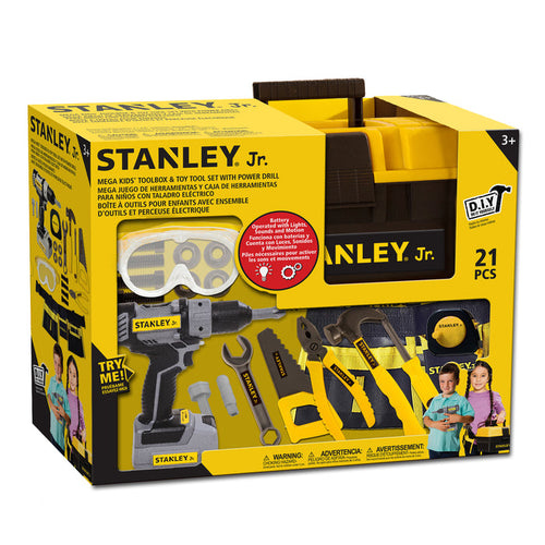 The Red Toolbox Stanley Jr. Battery Operated 21 Piece Pretend Play Toolset includes a drill, screwdriver, wrench, hammer, safety goggles, and more in a yellow and black box featuring kids using the fun tools.