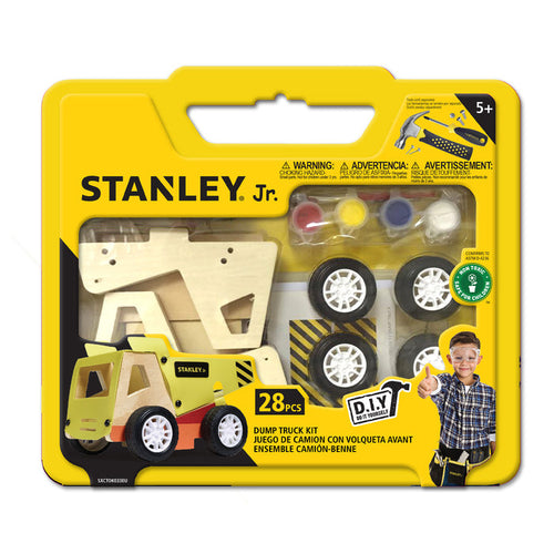 The Red Toolbox Stanley Jr. Dump Truck Kit for kids 5+ features wooden truck parts, wheels, paint, and brush—ideal for creative crafting! Shown in yellow packaging with a handle and a smiling child in a tool belt.