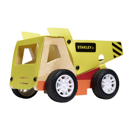 A yellow wood dump truck toy with black and white wheels, featuring the Stanley Jr. logo on the side. Made by Red Toolbox, this utility truck kit is perfect for kids’ crafting or as a DIY project.