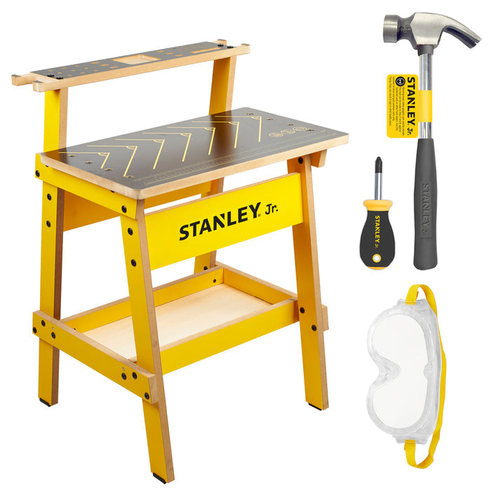 The Red Toolbox Stanley Jr. Kid's Work Bench & 3 Piece Toolset comes with a wooden workbench, hammer, screwdriver, and safety goggles—an ideal set for kids to build and play safely.