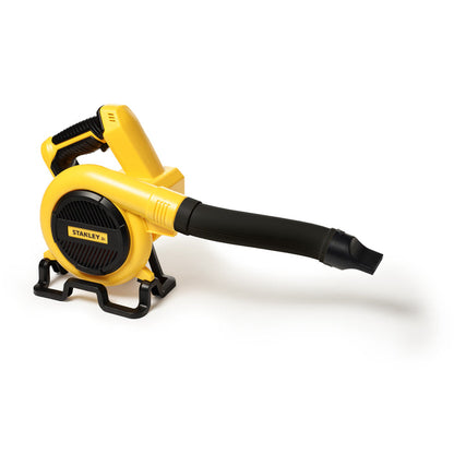 The Stanley Jr. Power Blower by Red Toolbox, featuring a yellow and black design with a handle, long black nozzle, and stand, is shown angled on a white background—ideal as an outdoor toy or battery-operated blower for kids.
