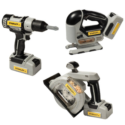 Three cordless Red Toolbox Stanley Jr. Power Tool Set items—a drill, jigsaw, and circular saw—are shown on a white background, each featuring interchangeable battery packs for realistic kids' pretend play tools fun.