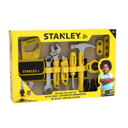 The Red Toolbox Stanley Jr. Pretend Play Tools & Toolbelt Set for kids ages 3+ includes 24 pieces: a tool belt, hammer, wrench, screwdriver, tape measure, and more. Kid-sized tools ensure safe pretend play. Box features a child wearing the set.