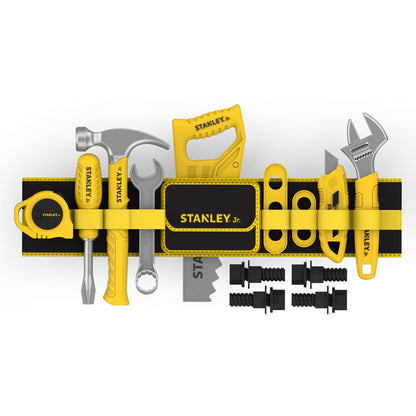 The Stanley Jr. Pretend Play Tools & Toolbelt Set by Red Toolbox features a yellow and black belt with kid-sized pretend tools: tape measure, screwdriver, pliers, hammer, saw, wrench, bolts, nuts, and utility knife blade.