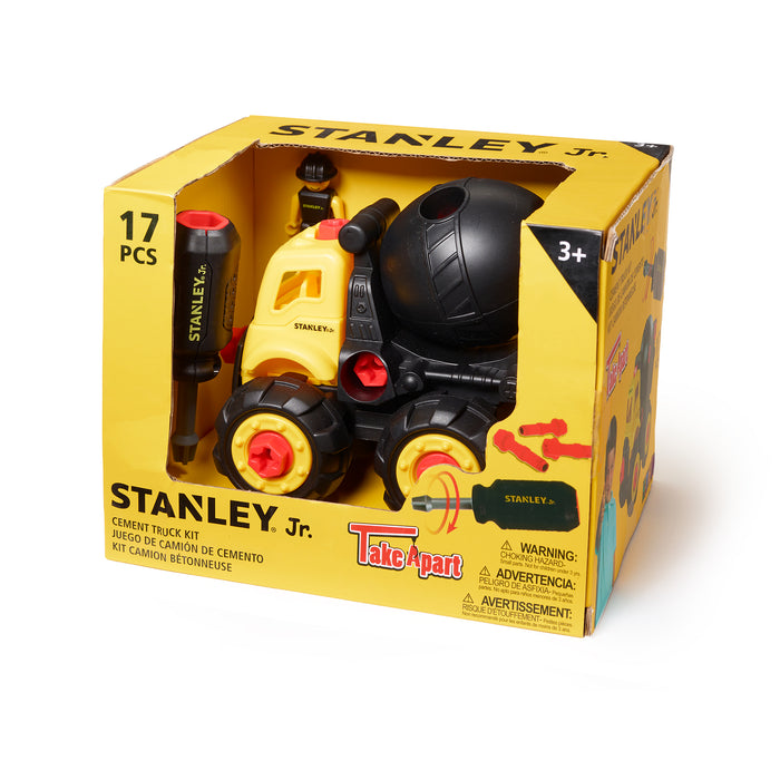 The Red Toolbox Stanley Jr. Take Apart Classic Cement Mixer is a 17-piece STEM kit for ages 3+, with a toy screwdriver and easy instructions to build a black, yellow, and red cement truck. Comes in a yellow box.