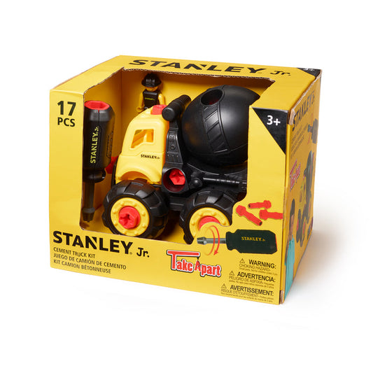 The Red Toolbox Stanley Jr. Take Apart Classic Cement Mixer is a 17-piece STEM kit for ages 3+, with a toy screwdriver and easy instructions to build a black, yellow, and red cement truck. Comes in a yellow box.