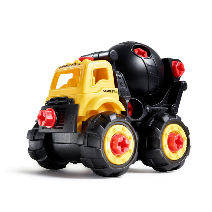 The Stanley Jr. Take Apart Classic Cement Mixer by Red Toolbox features a yellow and black design with red accents, large wheels, and a rotating black drum, shown on a white background.