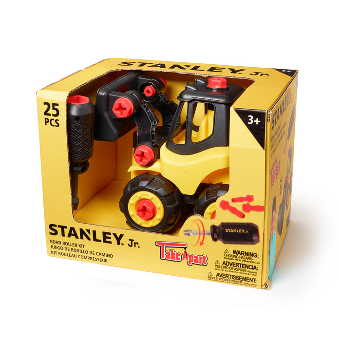 A yellow and black Red Toolbox Stanley Jr. Take Apart Classic Front Loader in a 25 PCS yellow box, for ages 3+, includes toy drill; perfect for young builders with clear safety warnings.