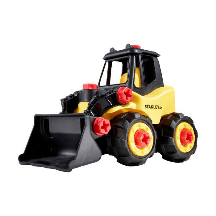 A yellow and black Stanley Jr. Take Apart Classic Front Loader by Red Toolbox features red accents, large wheels, a movable front bucket, and is perfect for aspiring builders.