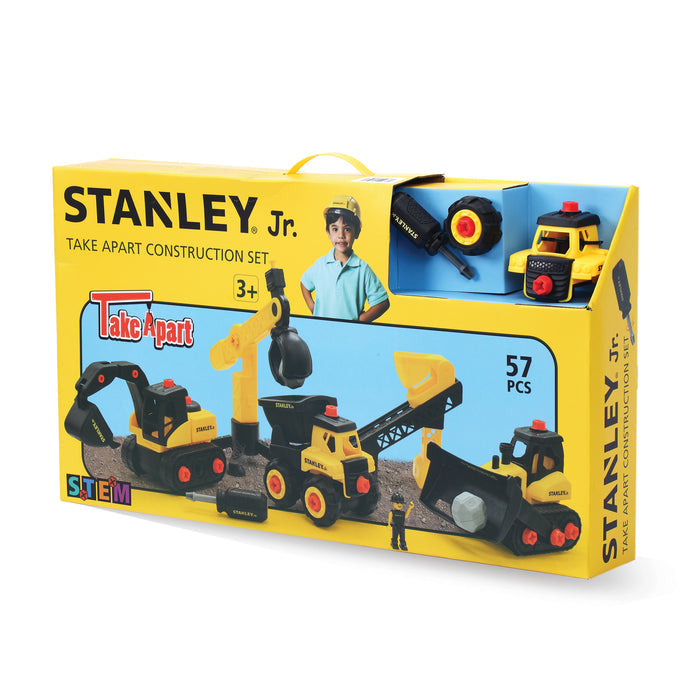 A yellow Red Toolbox Stanley Jr. Take Apart Classic Mega Construction Bundle features toy vehicles, tools, and 57 pieces for STEM play; shown with a child in a blue shirt and yellow hard hat. Ideal for ages 3+.