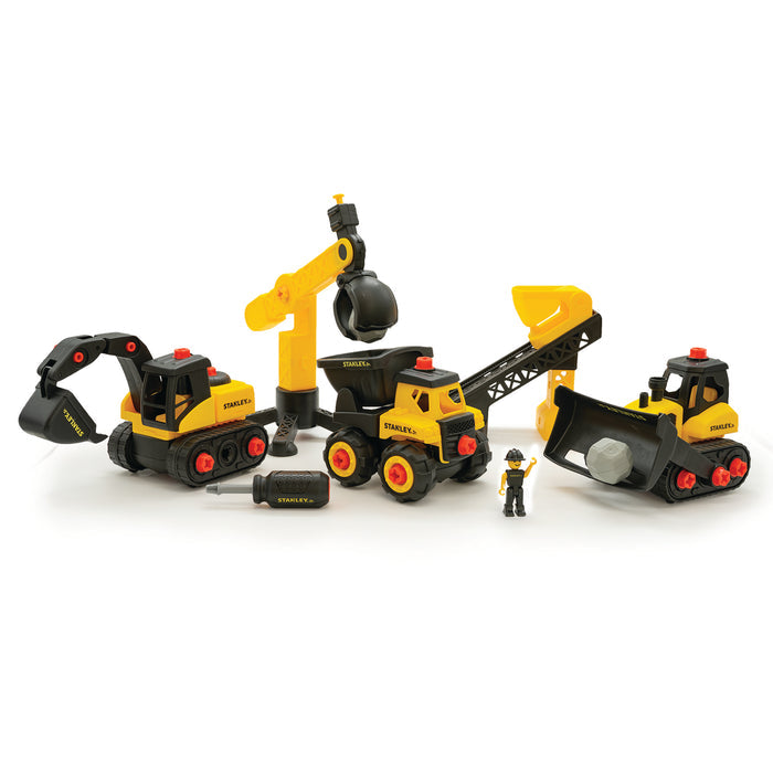 The Stanley Jr. Take Apart Classic Mega Construction Bundle by Red Toolbox features yellow and black excavator, crane, dump truck, bulldozer toys, a worker figure, and tools for interactive building fun.