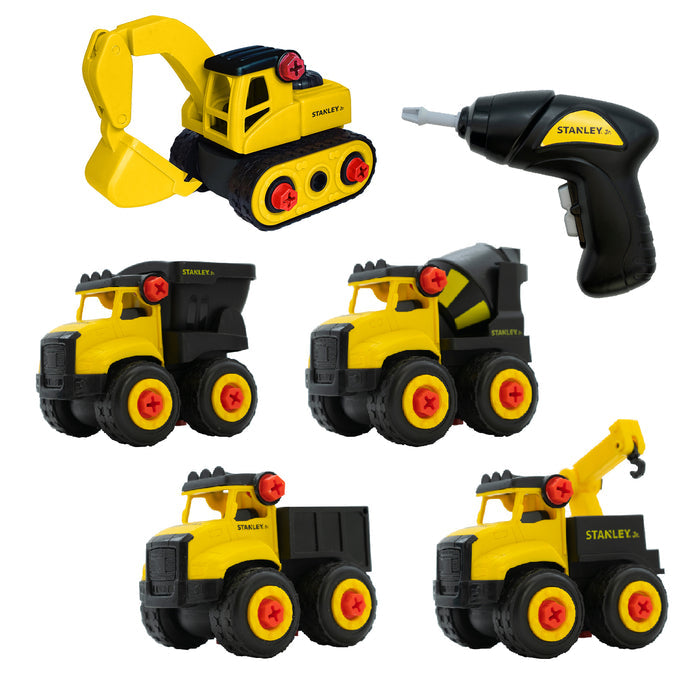 The Red Toolbox Stanley Jr. Take Apart Dot 5 Piece Set & Battery Operated Screwdriver features five yellow and black toy vehicles with red wheels—a digger, dump truck, cement mixer, crane—and a battery screwdriver on a white background.