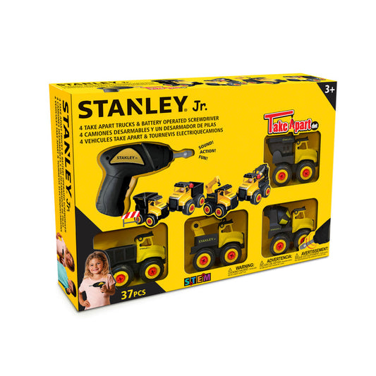 The Red Toolbox Stanley Jr. Take Apart Dot Truck Set for ages 3+ promotes hands-on learning and fine motor skills, featuring 4 construction vehicles and a battery-operated screwdriver in a yellow and black box with playful images.
