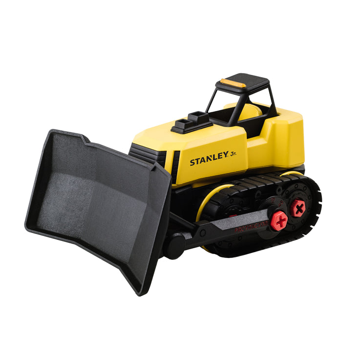 A yellow and black Stanley Jr. Take Apart XL Bulldozer by Red Toolbox, with a large front scoop, black tracks, red wheel accents, and the logo on the side—ideal for young construction toy fans.
