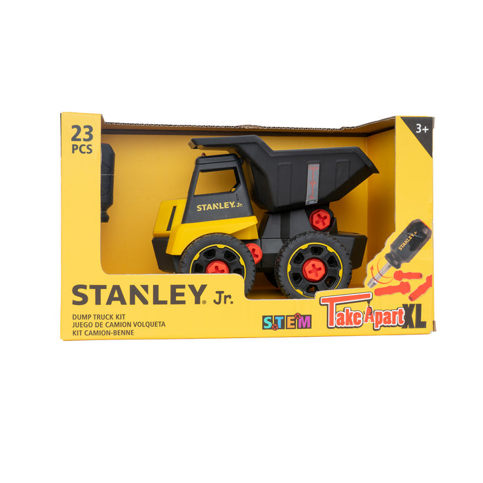 The Red Toolbox Stanley Jr. Take Apart XL Dump Truck STEM kit, for ages 3+, includes a yellow and black dump truck, 23 pieces, and a toy screwdriver for interactive building—packaged to display all contents.