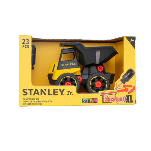 The Red Toolbox Stanley Jr. Take Apart XL Dump Truck STEM kit, for ages 3+, includes a yellow and black dump truck, 23 pieces, and a toy screwdriver for interactive building—packaged to display all contents.