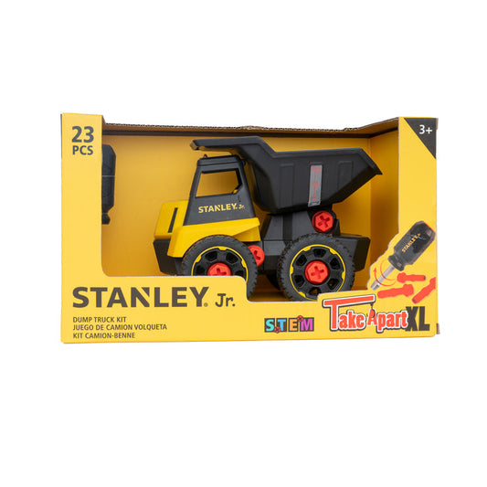 The Red Toolbox Stanley Jr. Take Apart XL Dump Truck STEM kit, for ages 3+, includes a yellow and black dump truck, 23 pieces, and a toy screwdriver for interactive building—packaged to display all contents.