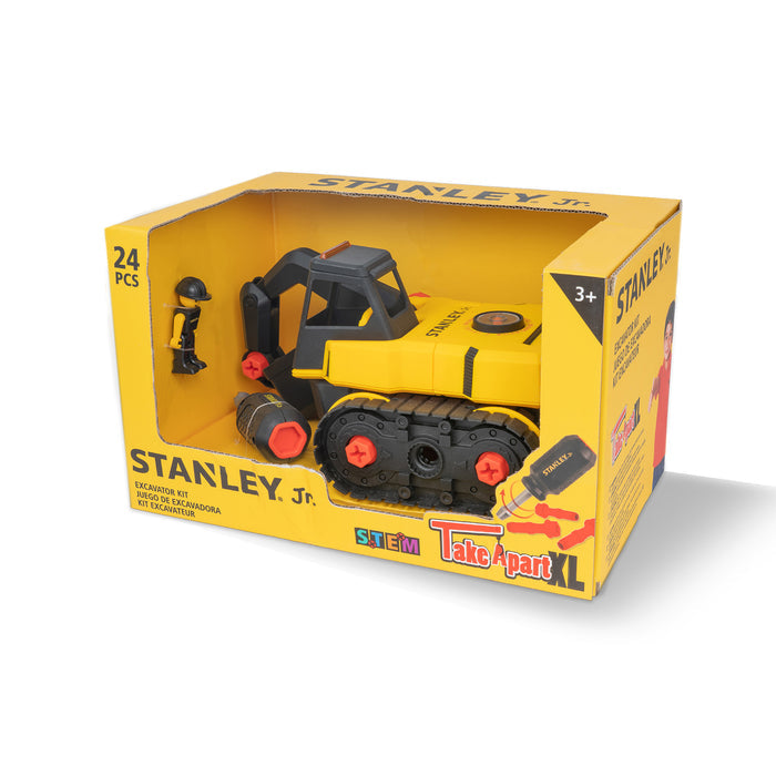 The Red Toolbox Stanley Jr. Take Apart XL Excavator is a yellow and black 24-piece digger kit for ages 3+, featuring a toy drill and STEM branding—ideal for young builders.