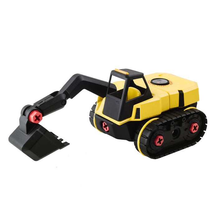 The Stanley Jr. Take Apart XL Excavator by Red Toolbox is a yellow and black construction toy featuring red screws, black tracks, and a movable scooping arm, displayed on a white background.