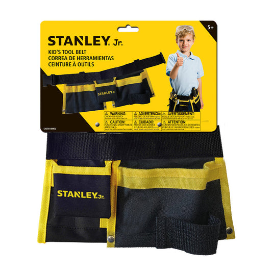 The Red Toolbox Stanley Jr. Tool Belt is shown in black and yellow packaging with the tool belt and a smiling boy wearing it. The box displays English, Spanish, and French text. Suitable for ages 5+, ideal for toy tools.