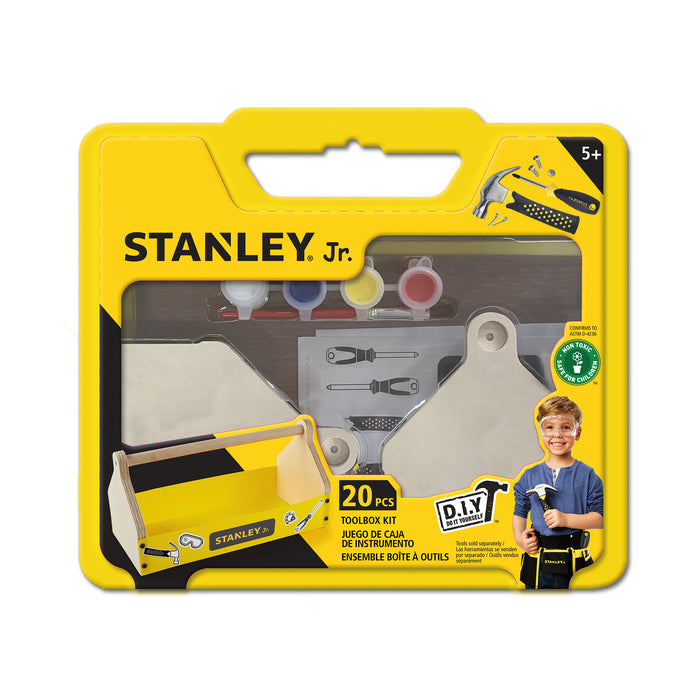 Red Toolbox Stanley Jr. Toolbox Kit for ages 5+, in yellow packaging, includes paint pots and a wooden build-your-own toolbox, with a smiling child holding the finished project featured on the front.